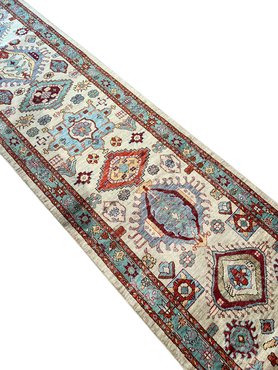 Ivory, Aqua Blue & Rust Geometric Runner Rug – 2.9’ x 18.2’