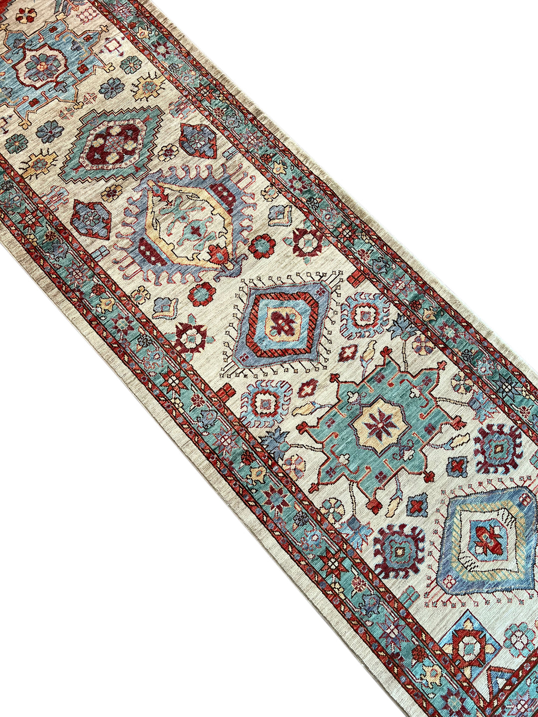 Ivory, Aqua Blue &amp; Rust Geometric Runner Rug – 2.9’ x 18.2’