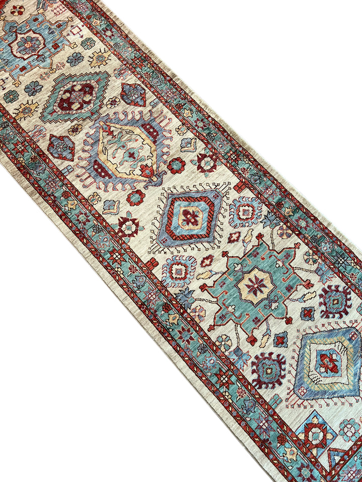 Ivory, Aqua Blue &amp; Rust Geometric Runner Rug – 2.9’ x 18.2’