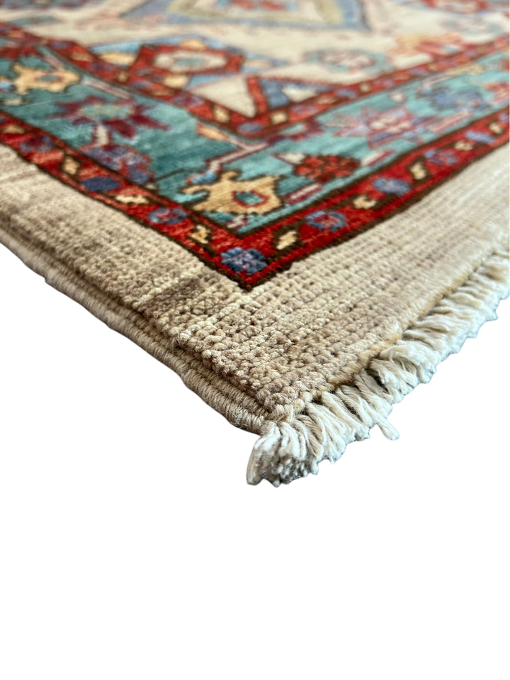 Ivory, Aqua Blue &amp; Rust Geometric Runner Rug – 2.9’ x 18.2’