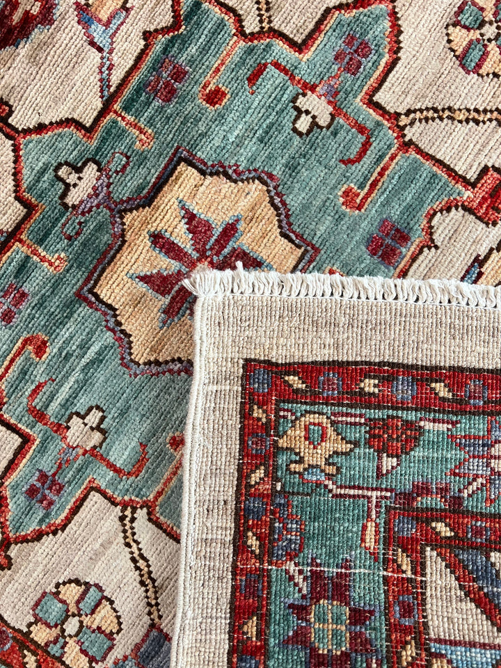 Ivory, Aqua Blue &amp; Rust Geometric Runner Rug – 2.9’ x 18.2’