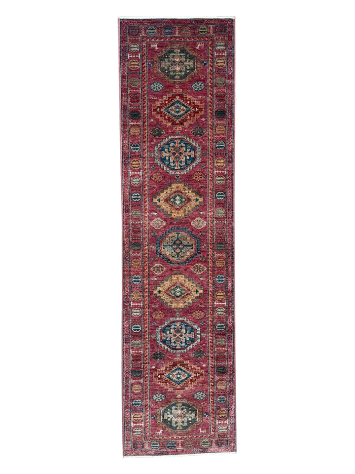 Dusty Rose, Red &amp; Navy Medallion Wool Runner Rug – 2.7’ x 9.8’