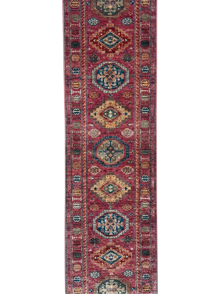 Dusty Rose, Red &amp; Navy Medallion Wool Runner Rug – 2.7’ x 9.8’