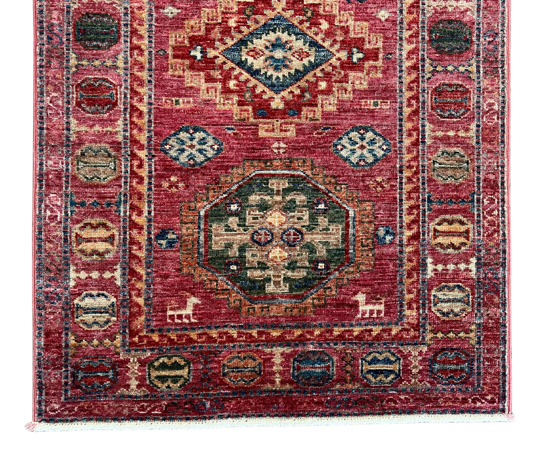 Dusty Rose, Red &amp; Navy Medallion Wool Runner Rug – 2.7’ x 9.8’