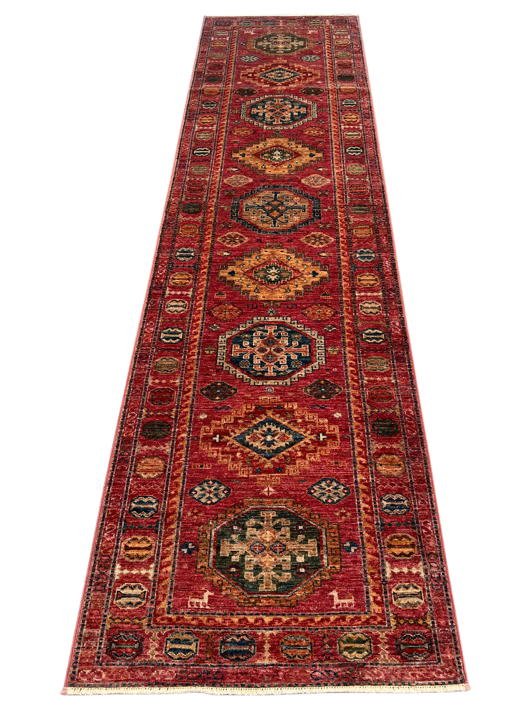 Dusty Rose, Red &amp; Navy Medallion Wool Runner Rug – 2.7’ x 9.8’