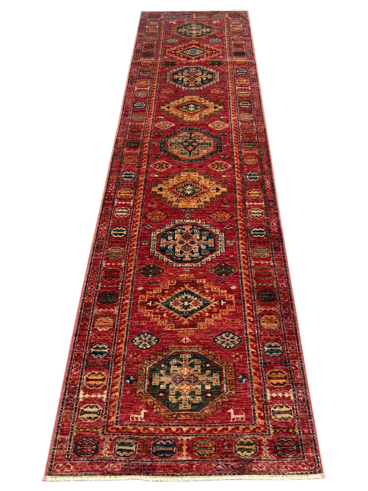 Dusty Rose, Red &amp; Navy Medallion Wool Runner Rug – 2.7’ x 9.8’