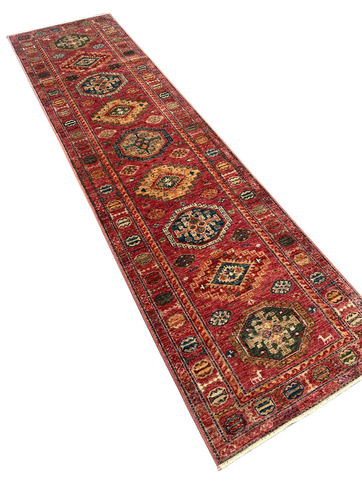 Dusty Rose, Red &amp; Navy Medallion Wool Runner Rug – 2.7’ x 9.8’