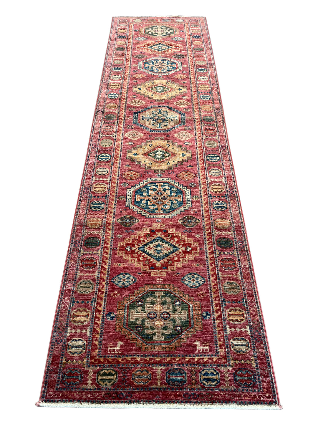 Dusty Rose, Red &amp; Navy Medallion Wool Runner Rug – 2.7’ x 9.8’