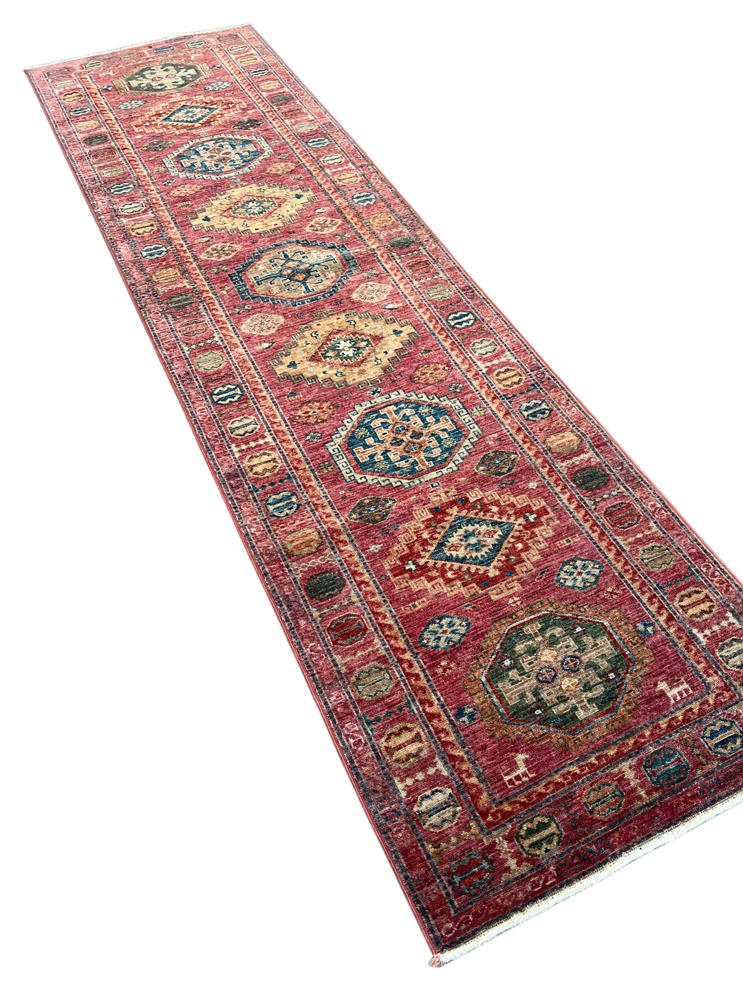 Dusty Rose, Red &amp; Navy Medallion Wool Runner Rug – 2.7’ x 9.8’