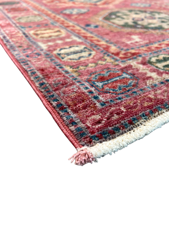 Dusty Rose, Red &amp; Navy Medallion Wool Runner Rug – 2.7’ x 9.8’