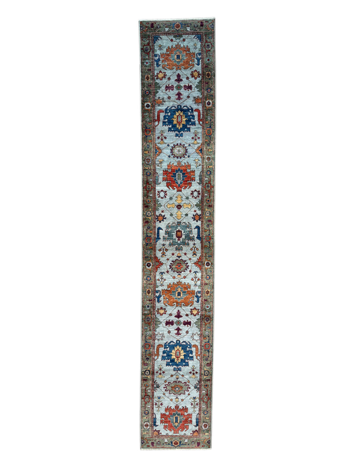 Light Blue &amp; Rust Floral Wool Runner Rug – 2.8’ x 15.7’