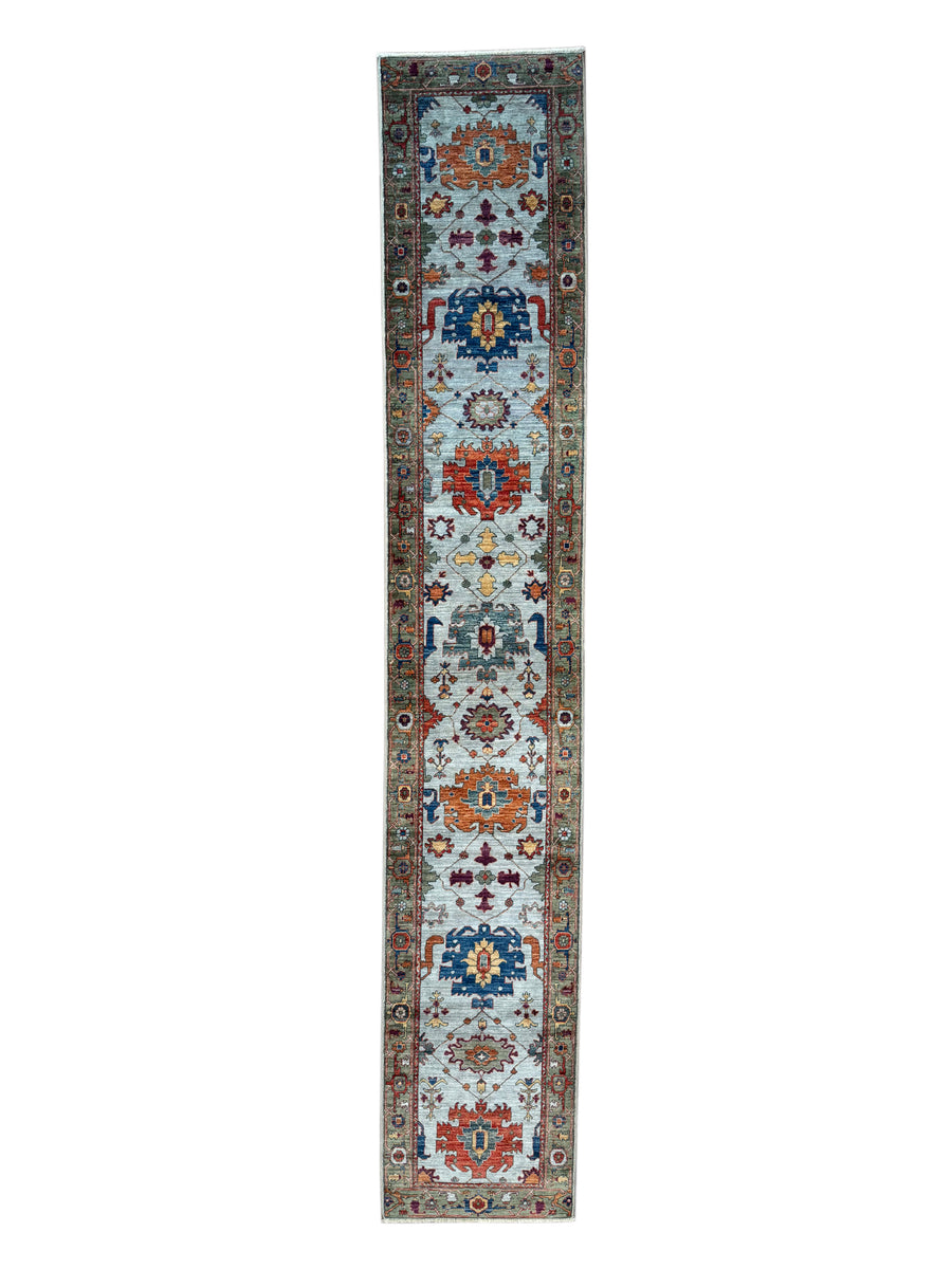 Light Blue & Rust Floral Wool Runner Rug – 2.8’ x 15.7’