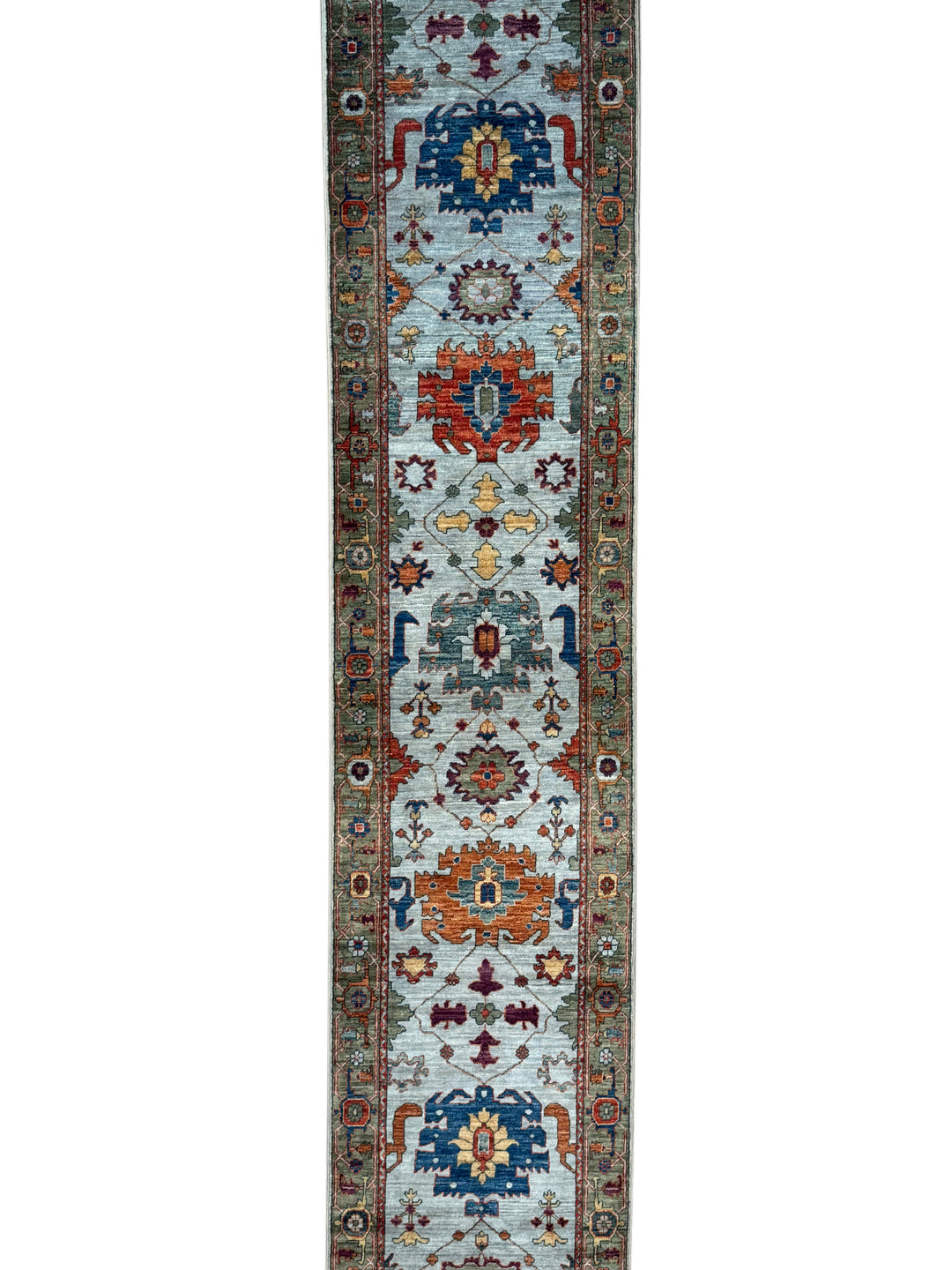 Light Blue &amp; Rust Floral Wool Runner Rug – 2.8’ x 15.7’