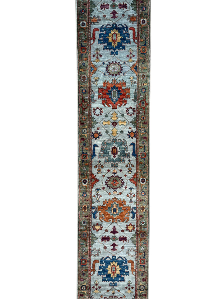 Light Blue &amp; Rust Floral Wool Runner Rug – 2.8’ x 15.7’