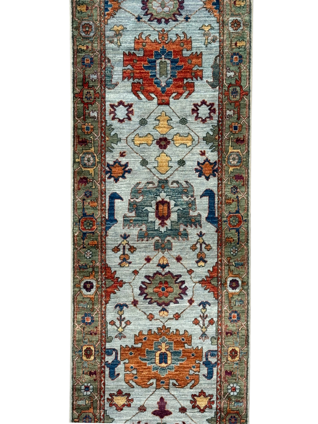 Light Blue &amp; Rust Floral Wool Runner Rug – 2.8’ x 15.7’