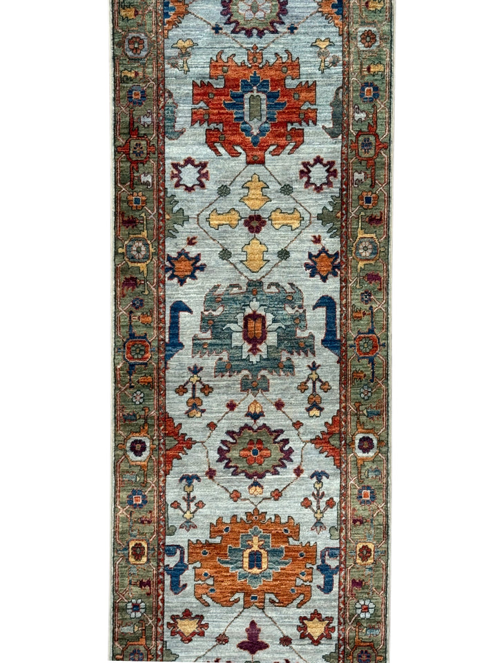 Light Blue &amp; Rust Floral Wool Runner Rug – 2.8’ x 15.7’