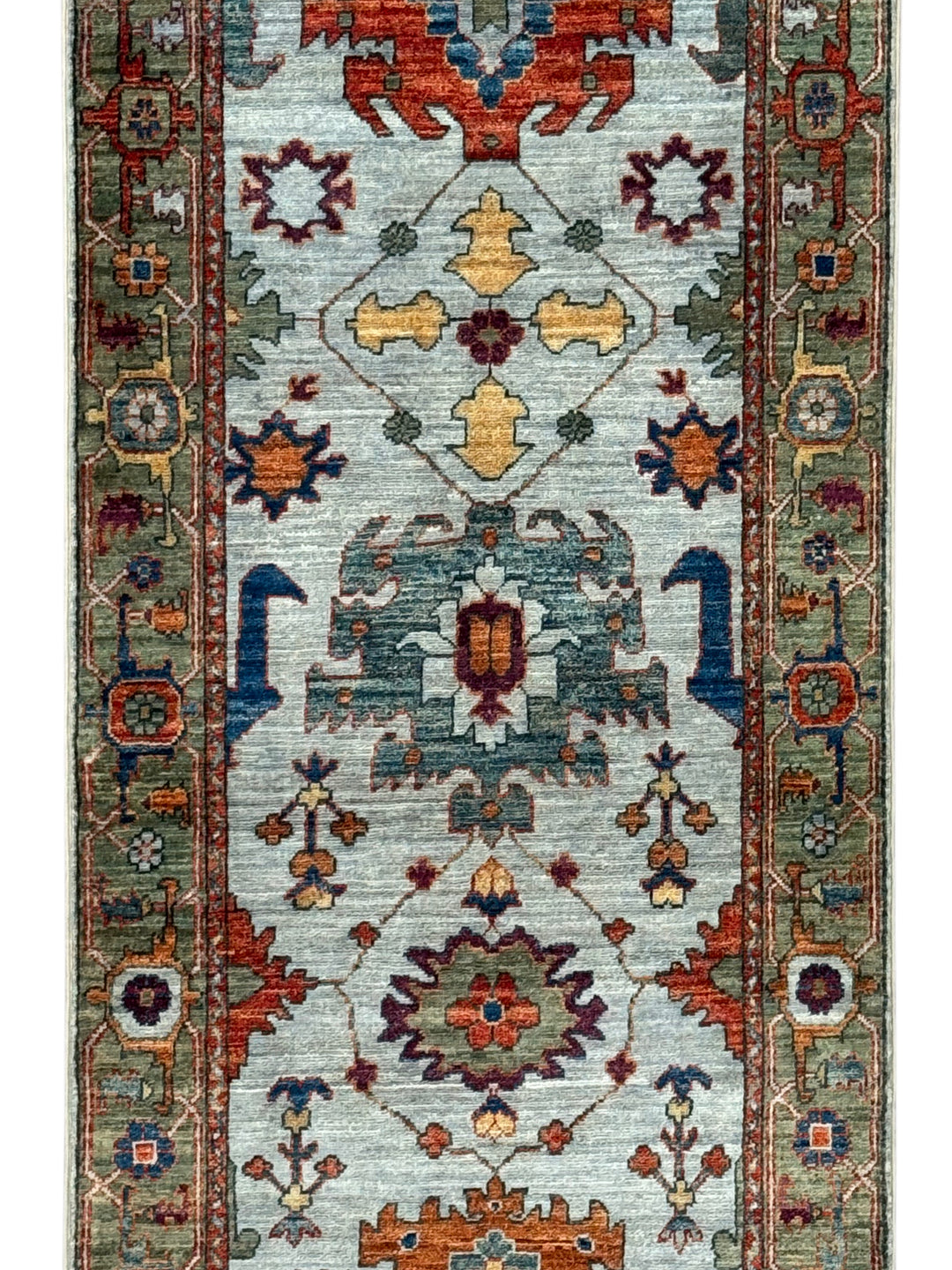 Light Blue &amp; Rust Floral Wool Runner Rug – 2.8’ x 15.7’