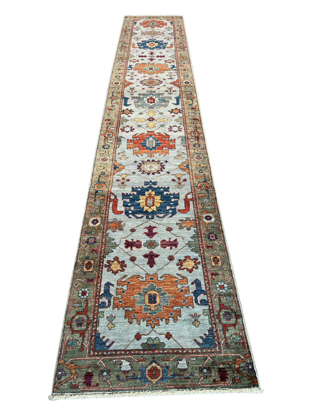 Light Blue &amp; Rust Floral Wool Runner Rug – 2.8’ x 15.7’