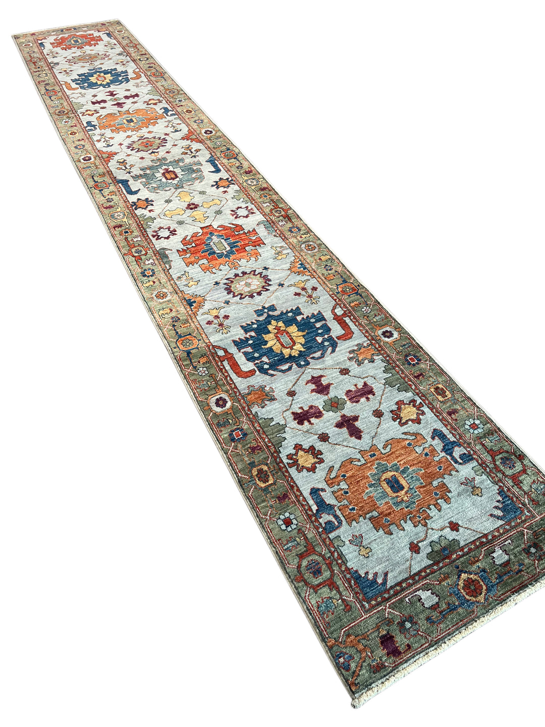 Light Blue &amp; Rust Floral Wool Runner Rug – 2.8’ x 15.7’