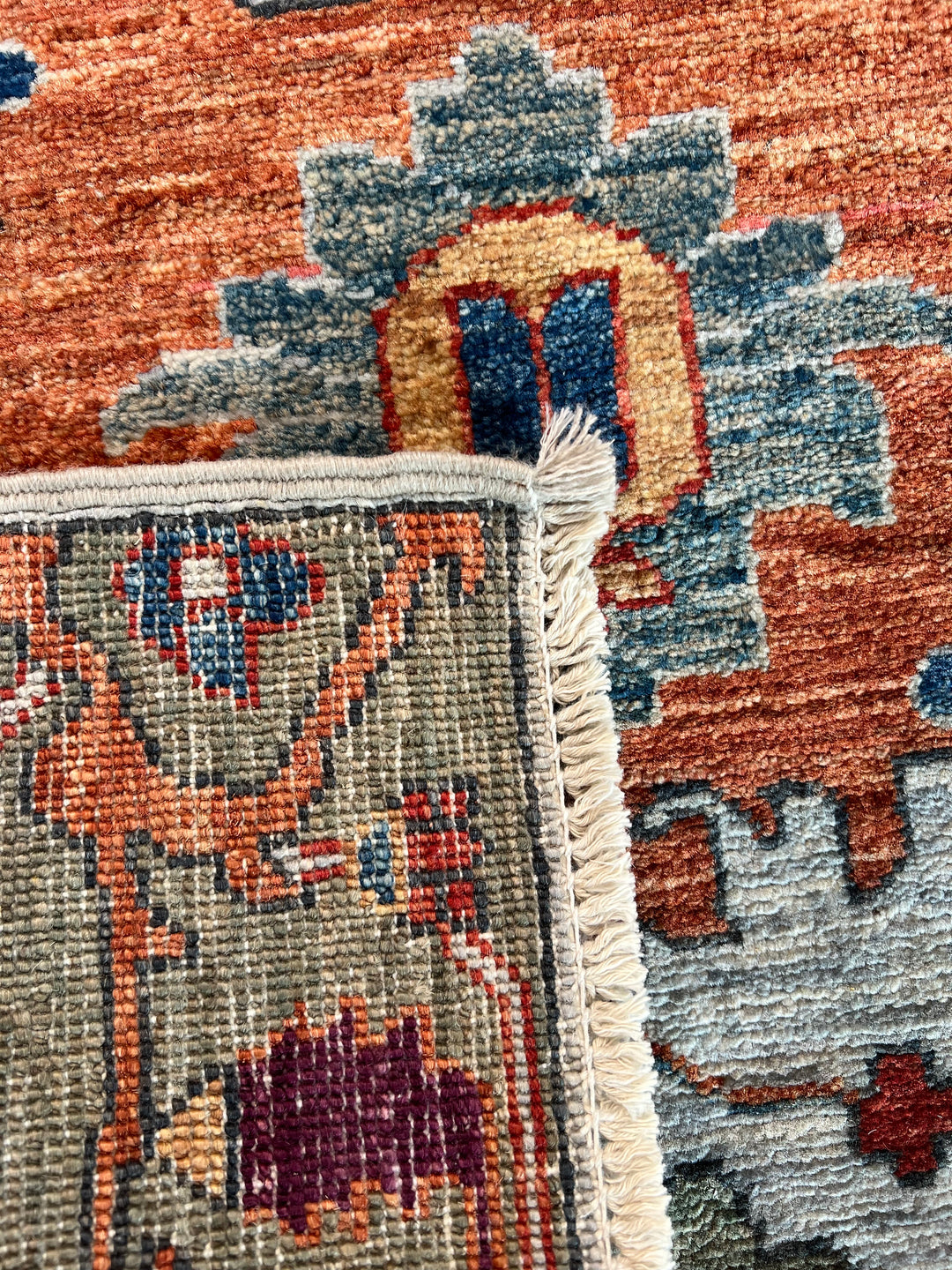 Light Blue &amp; Rust Floral Wool Runner Rug – 2.8’ x 15.7’