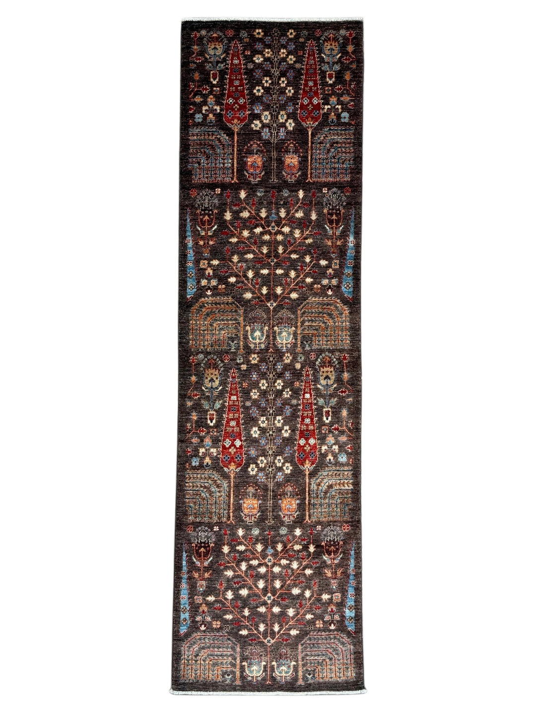 Dark Brown &amp; Rust Tree Design Wool Runner Rug – 2.8’ x 9.9’
