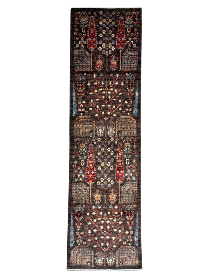 Dark Brown &amp; Rust Tree Design Wool Runner Rug – 2.8’ x 9.9’