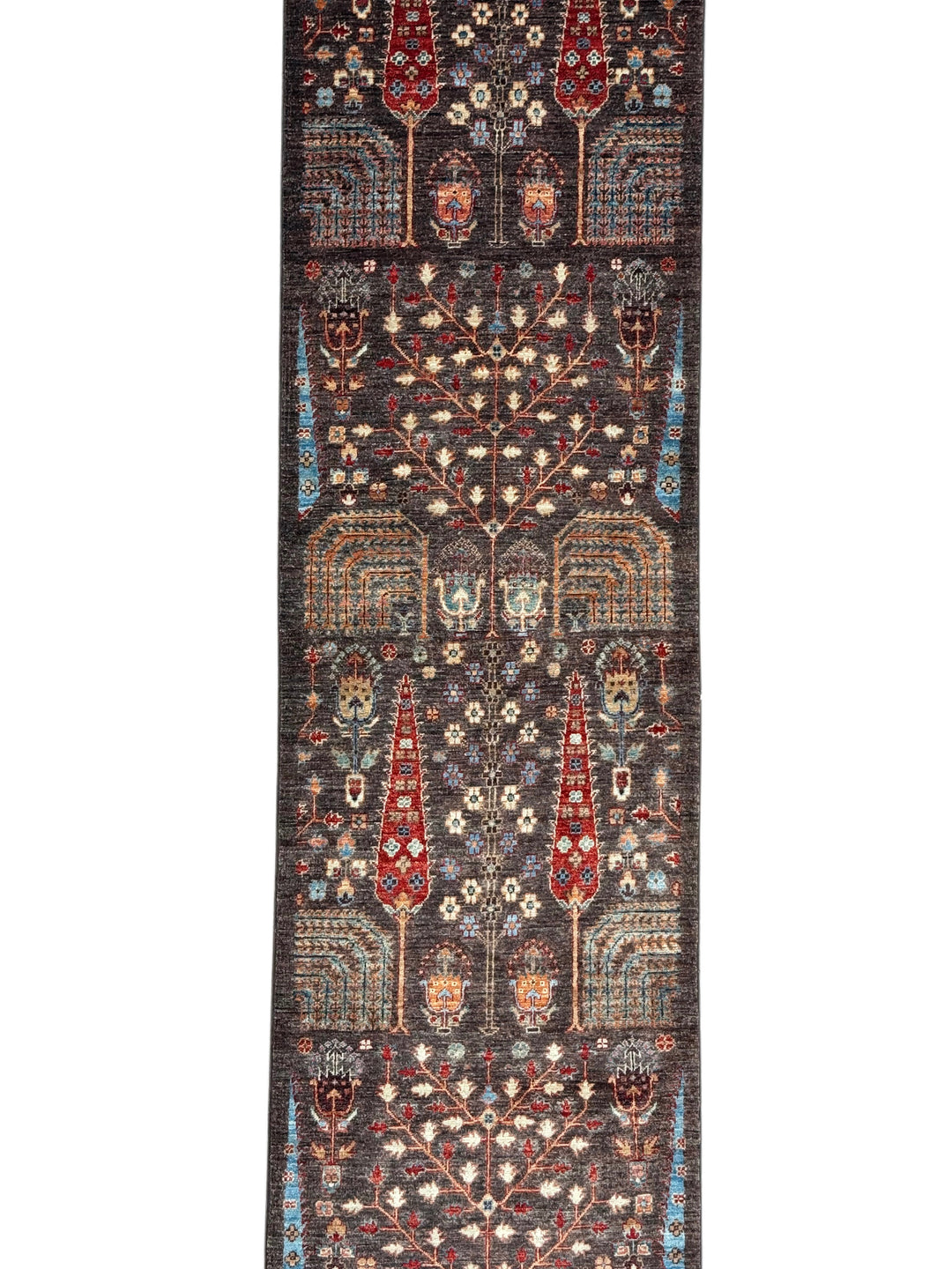 Dark Brown &amp; Rust Tree Design Wool Runner Rug – 2.8’ x 9.9’