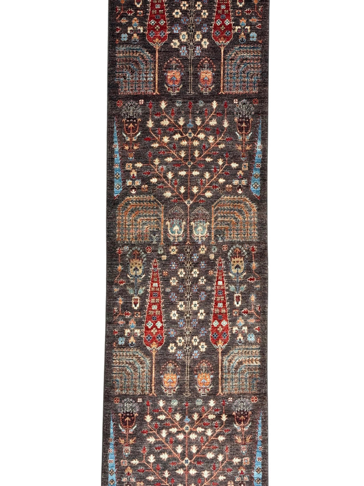 Dark Brown &amp; Rust Tree Design Wool Runner Rug – 2.8’ x 9.9’