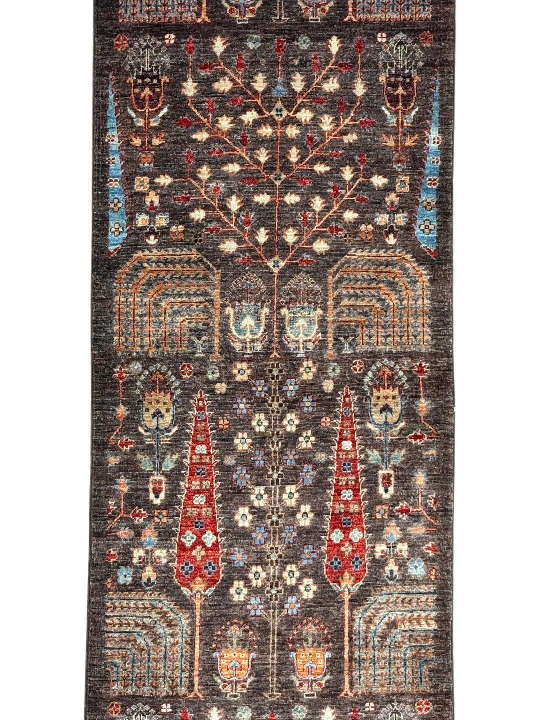 Dark Brown &amp; Rust Tree Design Wool Runner Rug – 2.8’ x 9.9’