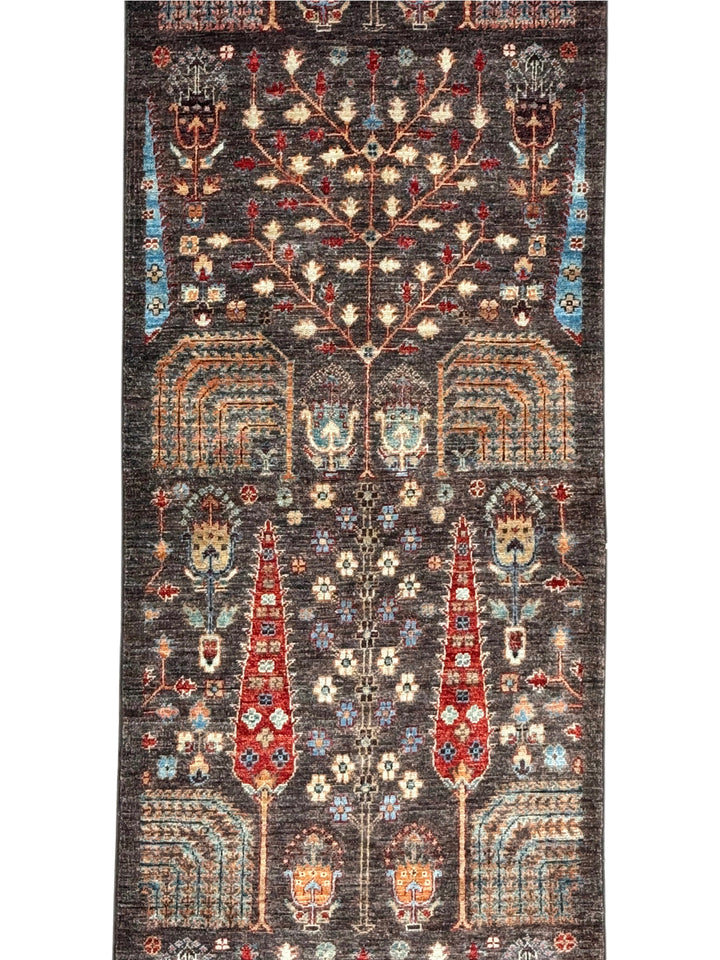 Dark Brown &amp; Rust Tree Design Wool Runner Rug – 2.8’ x 9.9’
