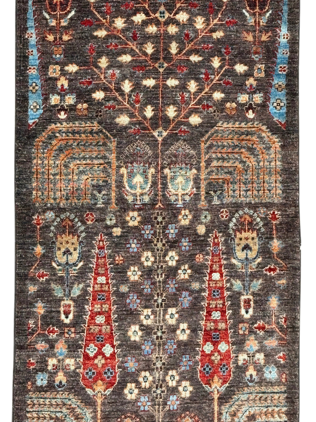Dark Brown &amp; Rust Tree Design Wool Runner Rug – 2.8’ x 9.9’