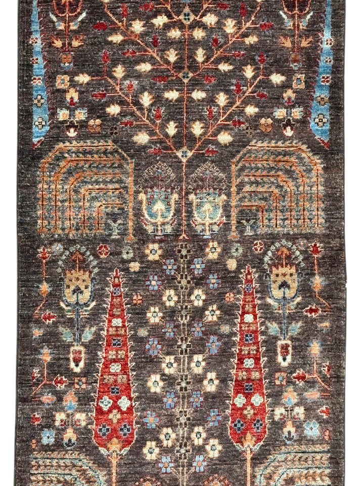 Dark Brown &amp; Rust Tree Design Wool Runner Rug – 2.8’ x 9.9’