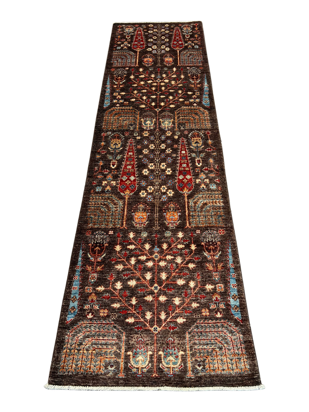Dark Brown &amp; Rust Tree Design Wool Runner Rug – 2.8’ x 9.9’