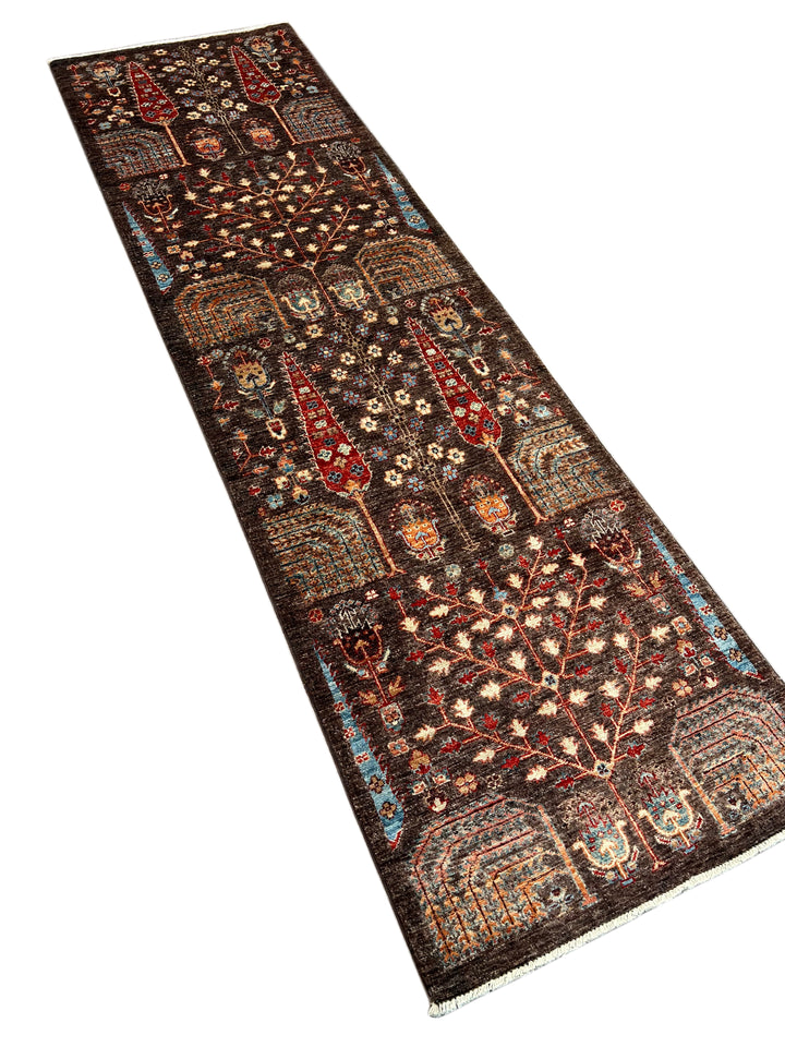 Dark Brown &amp; Rust Tree Design Wool Runner Rug – 2.8’ x 9.9’
