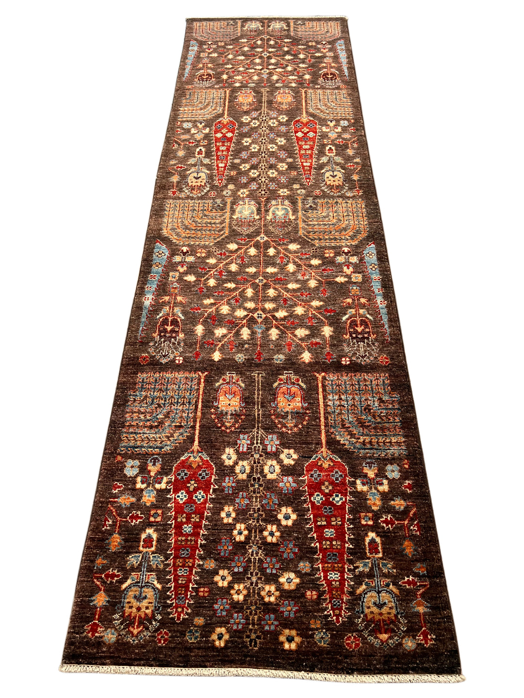 Dark Brown &amp; Rust Tree Design Wool Runner Rug – 2.8’ x 9.9’