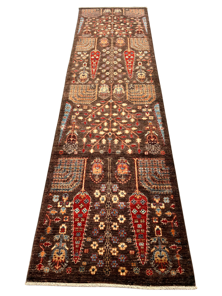 Dark Brown &amp; Rust Tree Design Wool Runner Rug – 2.8’ x 9.9’