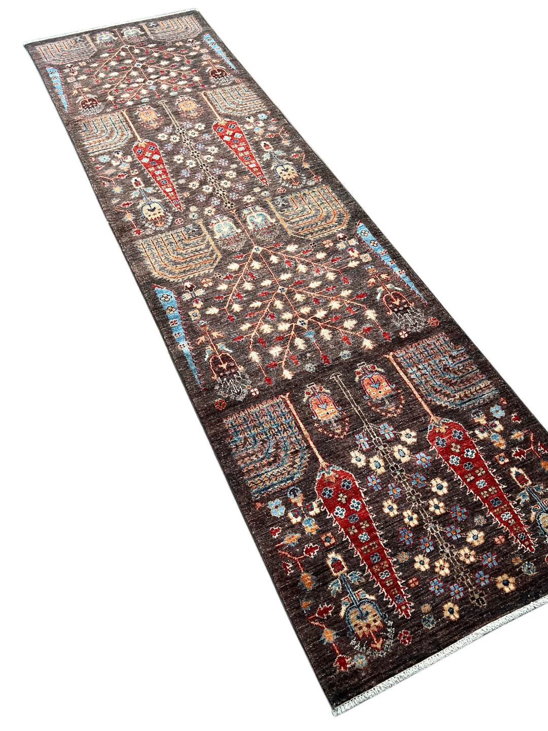 Dark Brown &amp; Rust Tree Design Wool Runner Rug – 2.8’ x 9.9’