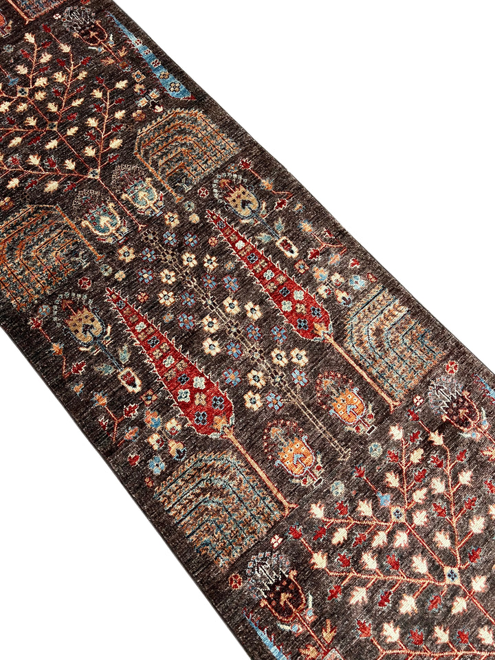 Dark Brown &amp; Rust Tree Design Wool Runner Rug – 2.8’ x 9.9’