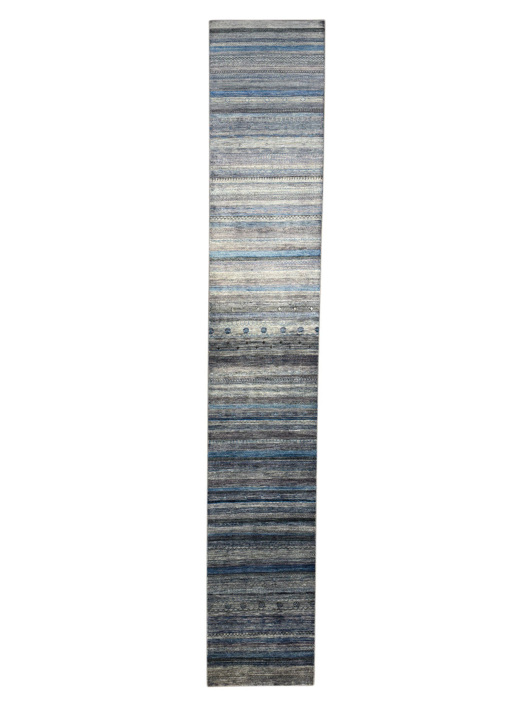 Blue &amp; Grey Linear Tribal Wool Runner Rug – 2.8’ x 15.10’