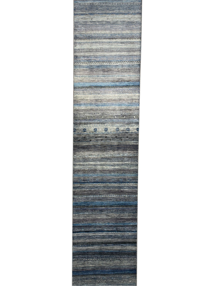 Blue &amp; Grey Linear Tribal Wool Runner Rug – 2.8’ x 15.10’