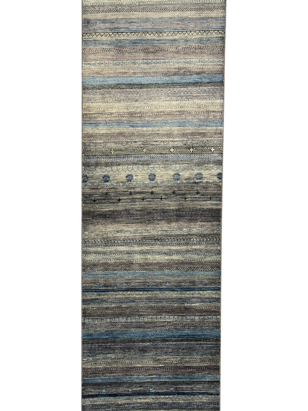 Blue &amp; Grey Linear Tribal Wool Runner Rug – 2.8’ x 15.10’