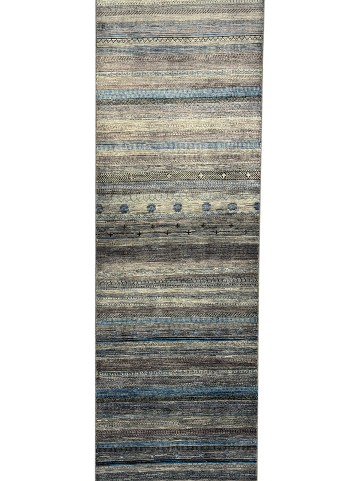 Blue &amp; Grey Linear Tribal Wool Runner Rug – 2.8’ x 15.10’