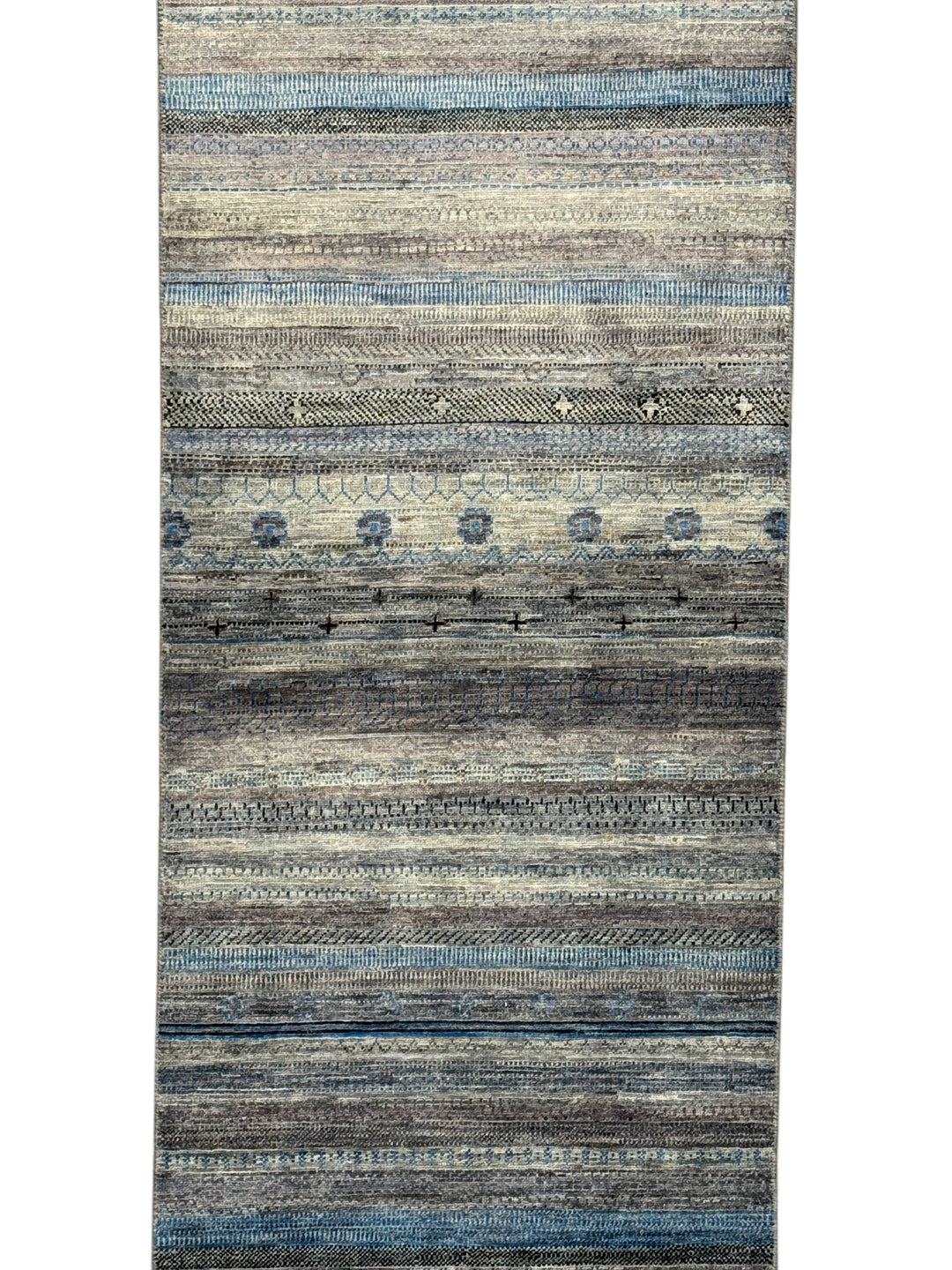 Blue &amp; Grey Linear Tribal Wool Runner Rug – 2.8’ x 15.10’
