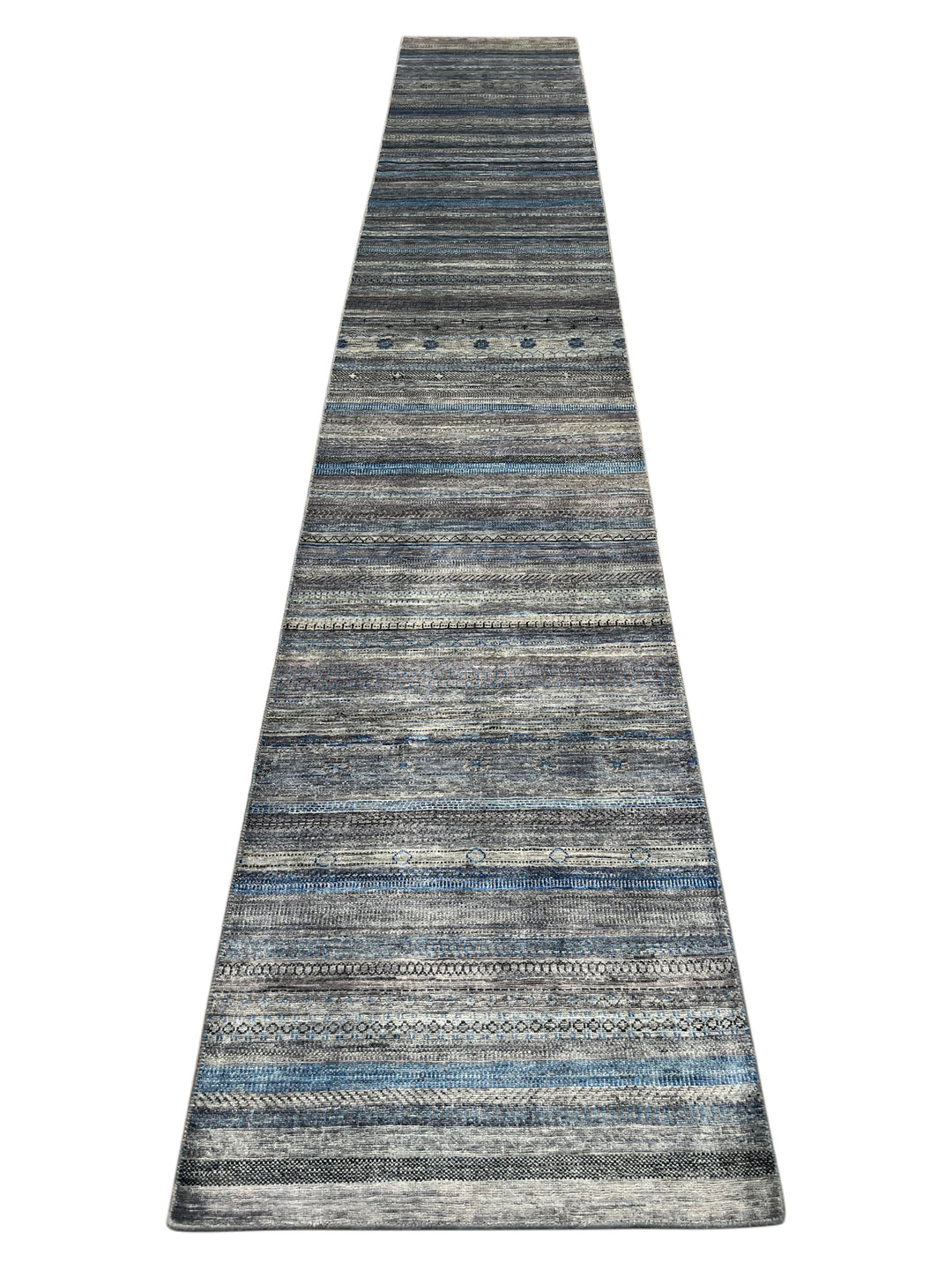 Blue &amp; Grey Linear Tribal Wool Runner Rug – 2.8’ x 15.10’