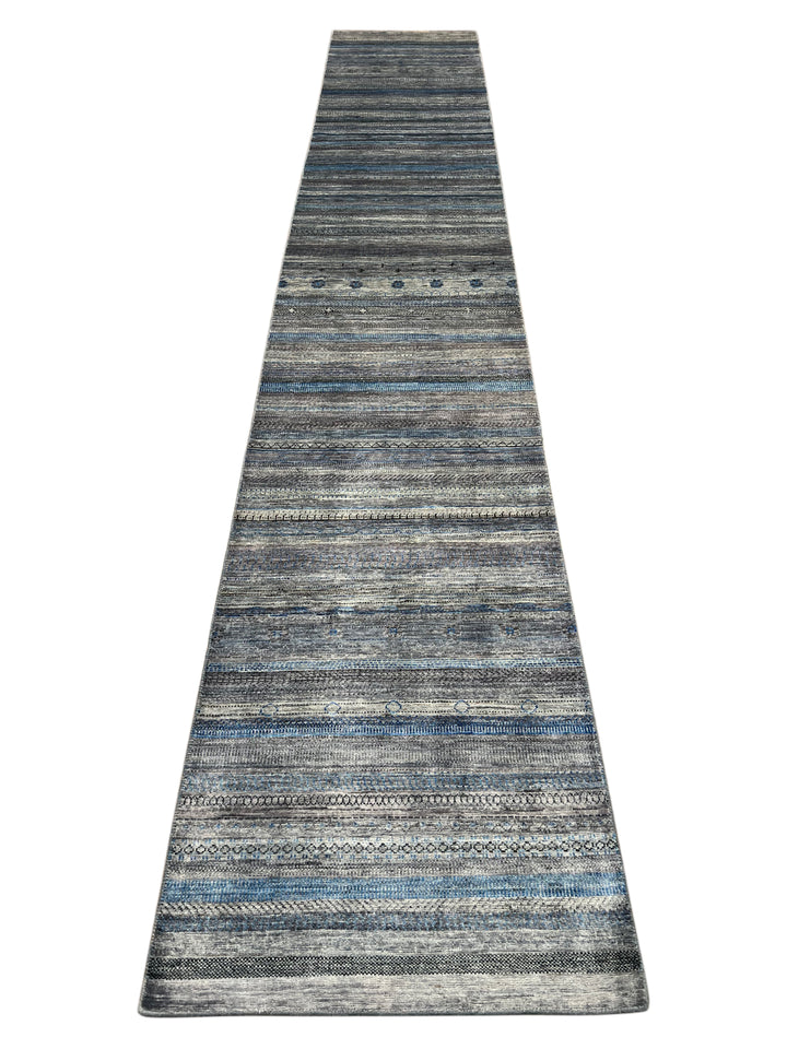 Blue &amp; Grey Linear Tribal Wool Runner Rug – 2.8’ x 15.10’