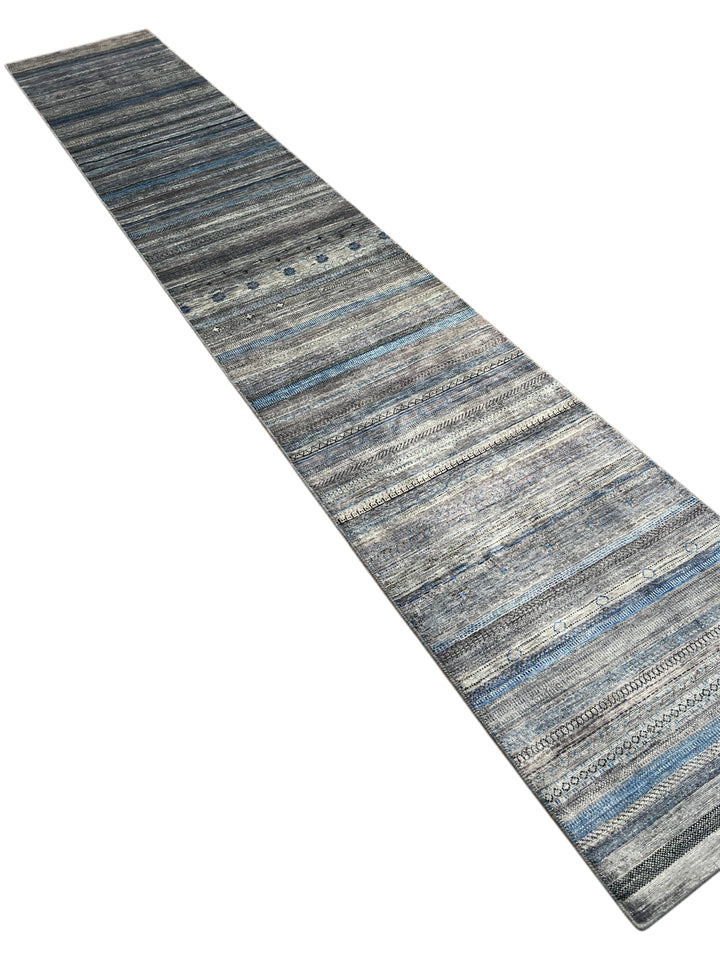 Blue &amp; Grey Linear Tribal Wool Runner Rug – 2.8’ x 15.10’