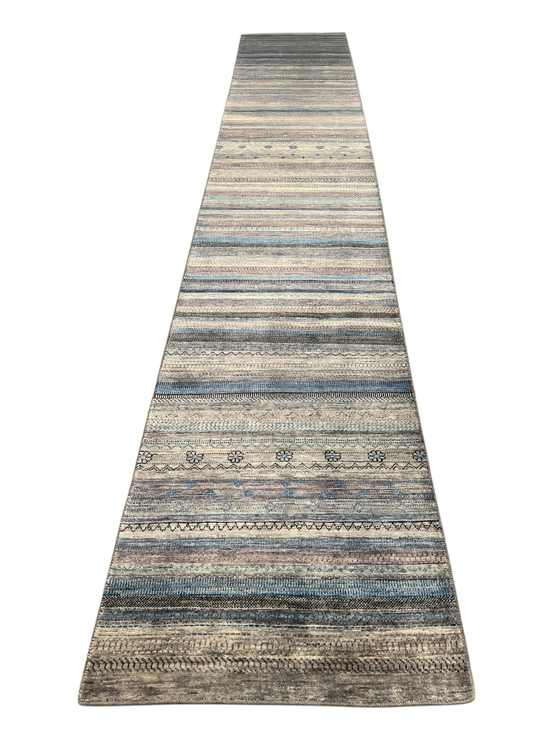 Blue &amp; Grey Linear Tribal Wool Runner Rug – 2.8’ x 15.10’