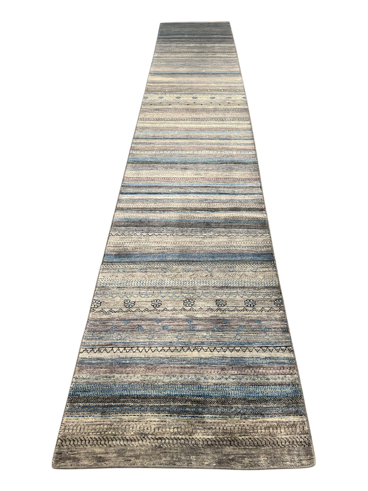 Blue &amp; Grey Linear Tribal Wool Runner Rug – 2.8’ x 15.10’