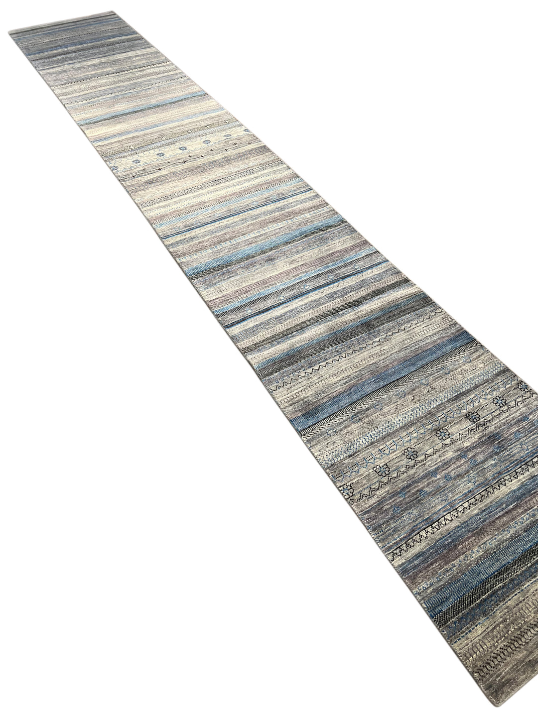 Blue &amp; Grey Linear Tribal Wool Runner Rug – 2.8’ x 15.10’