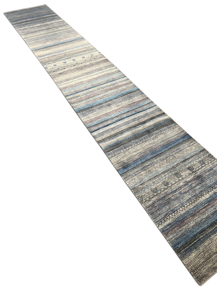 Blue &amp; Grey Linear Tribal Wool Runner Rug – 2.8’ x 15.10’